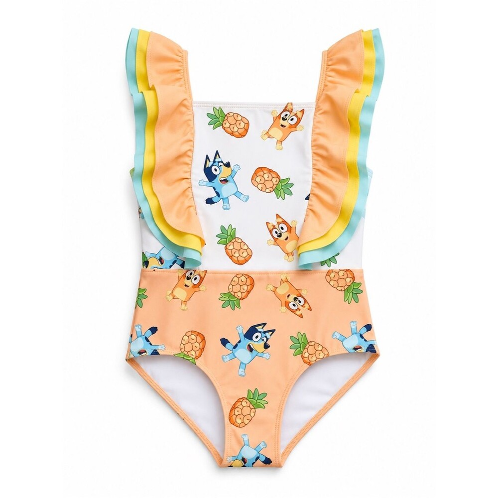 Bluey Girls One Piece Swimsuit Pineapple Print Size 6/7 Ruffle Strap Beach Pool